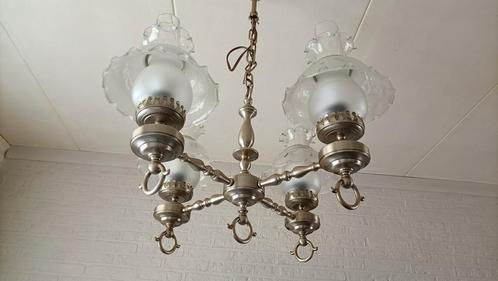 Klassieke messing kroonluchter met 5 glazen kappen, Huis en Inrichting, Lampen | Kroonluchters, Gebruikt, Ophalen