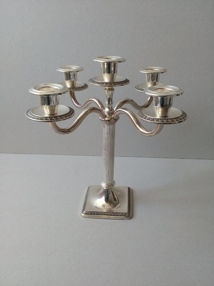 Vintage kandelaar.5 kaarsen. Verzilverd. Merkteken., Huis en Inrichting, Woonaccessoires | Kandelaars en Kaarsen, Zo goed als nieuw