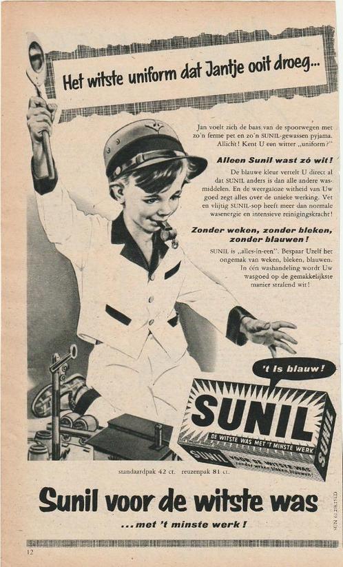 retro reclame 1956 Sunil wasmiddel jongetje conducteur, Verzamelen, Retro, Overige typen, Ophalen of Verzenden