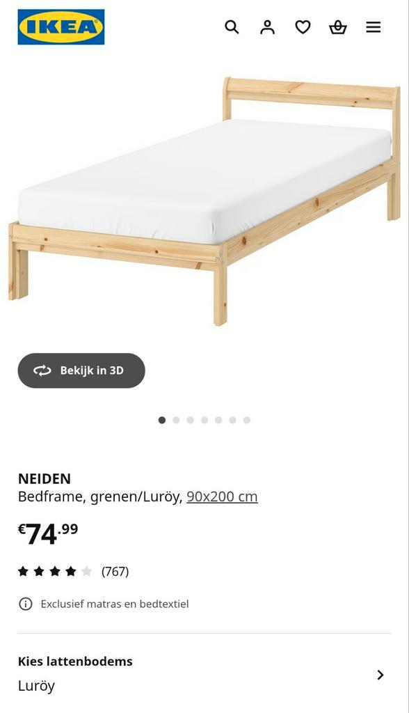Ikea Neiden Bed met lattenbodem en matras, Huis en Inrichting, Slaapkamer | Bedden, Gebruikt, Eenpersoons, 90 cm, 200 cm, Hout
