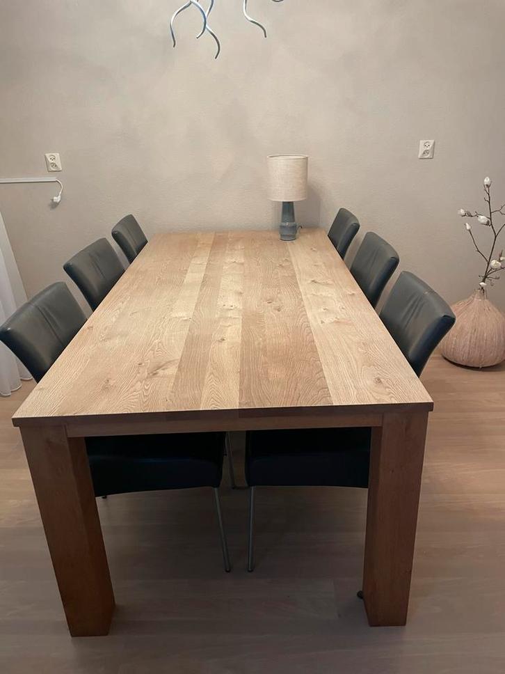 Eiken eettafel met 6 leren stoelen, Huis en Inrichting, Complete eetkamers, Gebruikt, 6 tot 8 stoelen, Ophalen