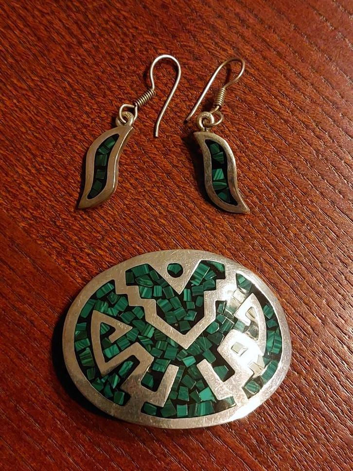 Zilveren Broche & Oorbellen Set - Mexicaans, Sieraden, Tassen en Uiterlijk, Oorbellen, Zo goed als nieuw, Hangers, Zilver, Zilver