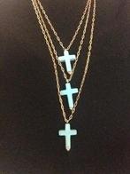 drievoudige ketting met turquoise kruisen, Overige materialen, Blauw, Ophalen of Verzenden, Zo goed als nieuw