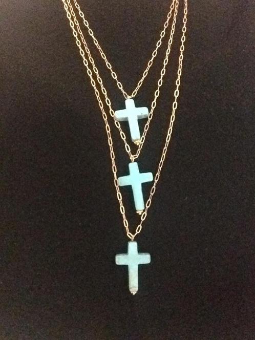 drievoudige ketting met turquoise kruisen, Sieraden, Tassen en Uiterlijk, Kettingen, Zo goed als nieuw, Overige materialen, Blauw