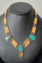Vintage bamboe ketting malachiet, turquoise, Sieraden, Tassen en Uiterlijk, Kettingen, Ophalen of Verzenden, Zo goed als nieuw