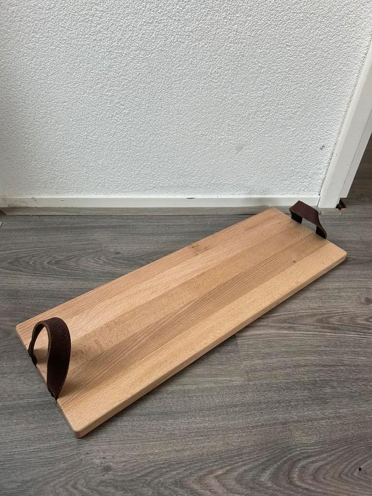 Bowls & Dishes serveertray hout 59x19,5 cm leren handgrepen, Huis en Inrichting, Keuken | Keukenbenodigdheden, Nieuw, Ophalen of Verzenden