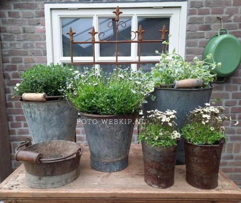 zinken emmertjes bloembak teil badje vuilnisbak melkbus rek, Tuin en Terras, Bloembakken en Plantenbakken, Nieuw, Rond, Ophalen
