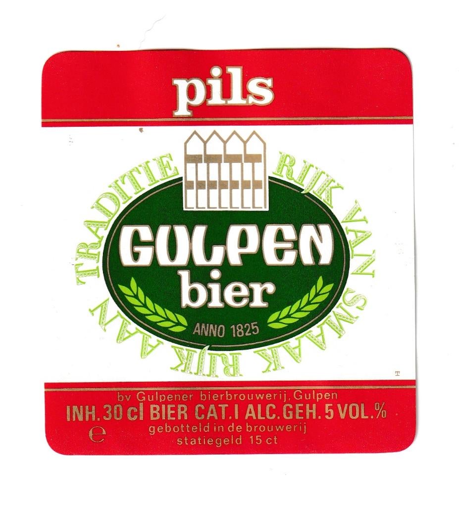 Bieretiket Gulpen bier Pils 30 cl  5 VOL.% statiegeld 15 ct, Verzamelen, Ophalen of Verzenden, Zo goed als nieuw, Overige typen