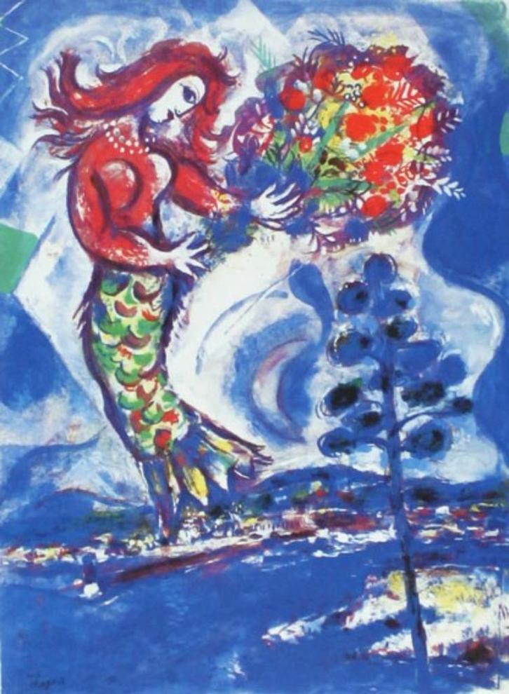 Marc Chagall (1887) Kleur Zink Ets " De Zeemeermin " Gen Ges, Antiek en Kunst, Kunst | Etsen en Gravures, Ophalen of Verzenden