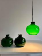 3 prachtige Vintage groen opaline glazen hanglampen, ‘60s, Gebruikt, ..., Ophalen of Verzenden, Glas