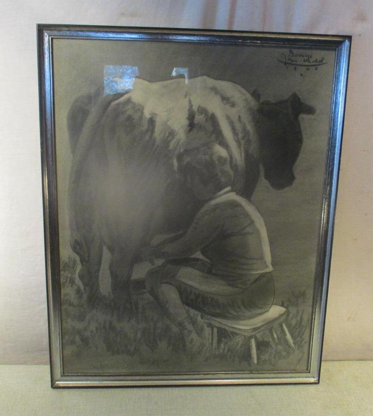 Prachtige Tekening 'Boerin Melkt Koe' - Denijs 1969, Antiek en Kunst, Kunst | Tekeningen en Foto's, Ophalen of Verzenden