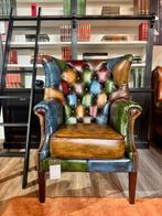Chesterfield Oorfauteuil Harlequin Patchwork Multicolor Leer, Huis en Inrichting, Fauteuils, Ophalen of Verzenden, Nieuw, 75 tot 100 cm