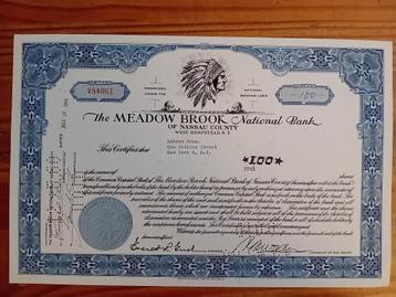 Aandeel Meadow Brook National Bank - Indiaan vignet - 1960 beschikbaar voor biedingen
