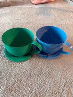 Bloempotten in vorm van kop & schotel - Groen & Blauw, Gebruikt, Rond, Ophalen of Verzenden, Balkon