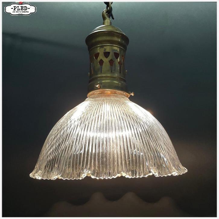 Holophane stijl lamp Hanglamp, Huis en Inrichting, Lampen | Hanglampen, Gebruikt, Minder dan 50 cm, Glas, Metaal, Ophalen