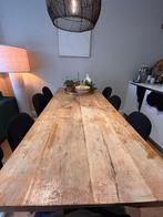 Massief houten tafel + 6 velvet stoelen, Ophalen, 100 tot 150 cm, Eikenhout, Zo goed als nieuw