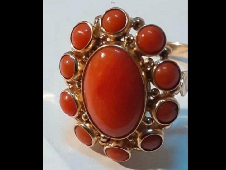 Antieke gouden Entourage ring Bloedkoraal , 14 karaat goud, Sieraden, Tassen en Uiterlijk, Ringen, Zo goed als nieuw, Dame, 17 tot 18