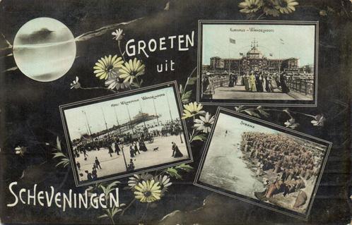 Groeten uit Scheveningen - 3 afb o.a. Strand - 1915 gelopen, Verzamelen, Ansichtkaarten | Nederland, Gelopen, Zuid-Holland, Voor 1920