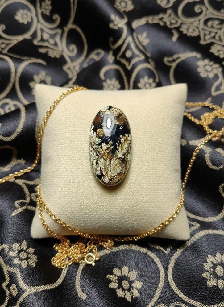 Dendritische Agaat Cabochon - Khorasan, Iran, Sieraden, Tassen en Uiterlijk, Kettinghangers, Nieuw, Steen of Mineraal, Zwart, Bloem of Plant