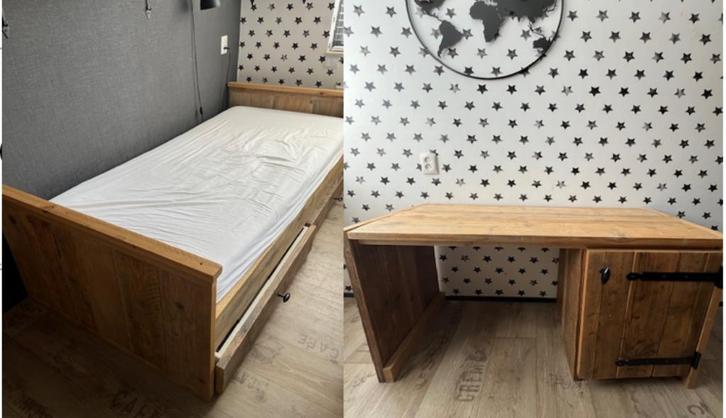 Steigerhout bed en buro, Kinderen en Baby's, Kinderkamer | Complete kinderkamers, Zo goed als nieuw, Jongetje of Meisje, Ophalen