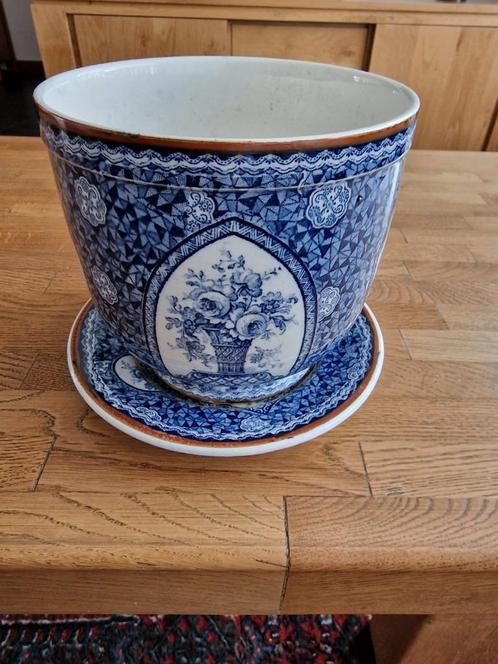 Grote Delfts Blauwe Bloempot met Schotel – Handgemaakt, Geme, Antiek en Kunst, Antiek | Vazen, Ophalen of Verzenden