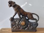 Prachtig Art Deco Beeld brullende tijger met klok, Antiek en Kunst, Ophalen of Verzenden