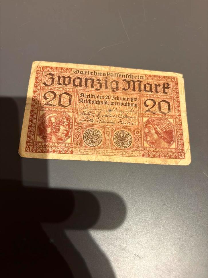 Origineel Duits bankbiljet 20 Mark 1918 Darlehnskassenschein, Postzegels en Munten, Munten en Bankbiljetten | Verzamelingen, Bankbiljetten