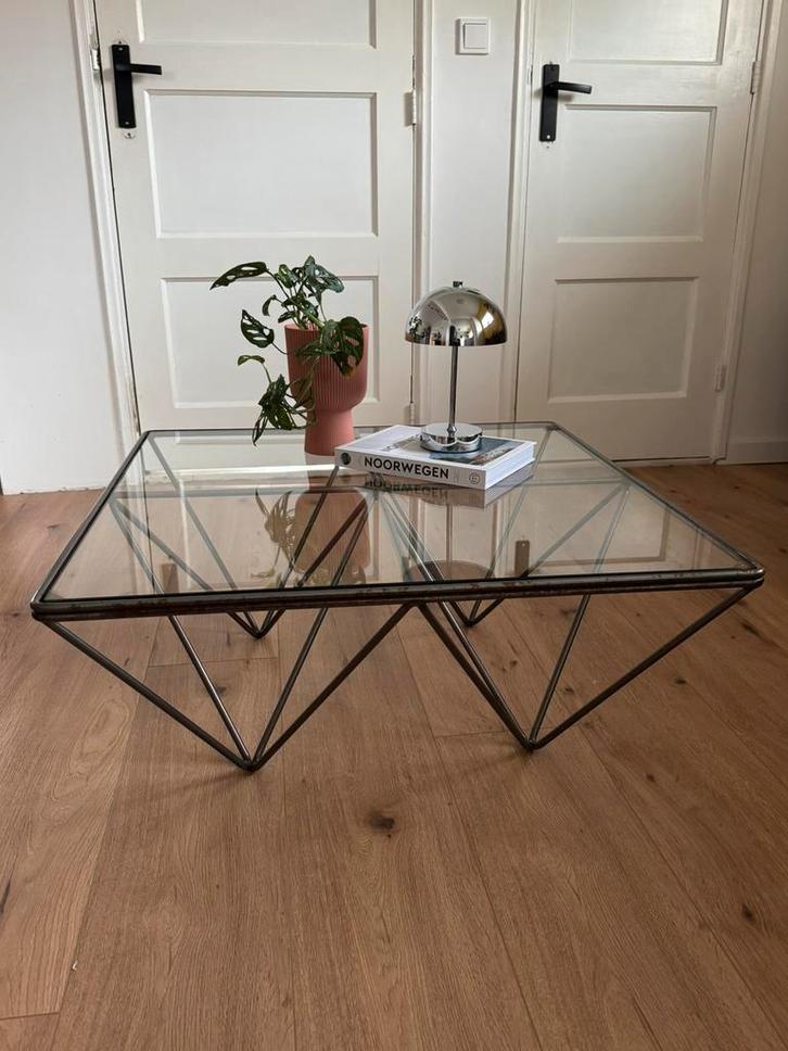 Vintage glazen salontafel Paola Piva “Alanda” staal vierkant, Huis en Inrichting, Tafels | Salontafels, Gebruikt, Minder dan 50 cm