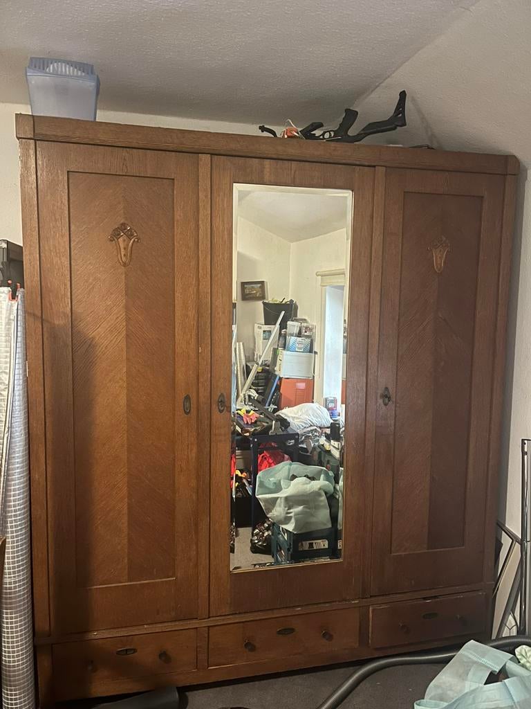 Prachtige Duitse eiken houten linnenkast, Art deco, jugendstil, Gebruikt, 200 cm of meer, 150 tot 200 cm