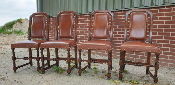 4 Engelse royal antique eetkamer stoelen leder, Antiek en Kunst, Antiek | Meubels | Stoelen en Banken, Ophalen