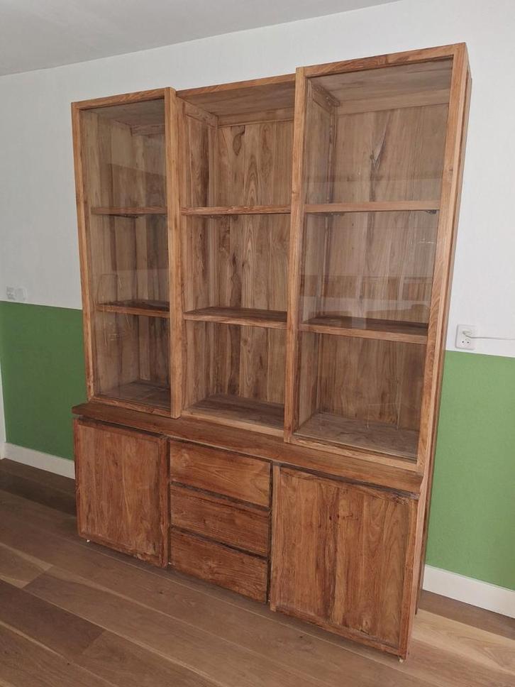 Teak houten kast met schuifdeuren en lades, Huis en Inrichting, Kasten | Boekenkasten, Gebruikt, 150 tot 200 cm, 200 cm of meer