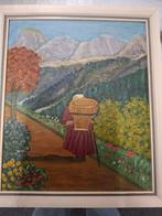 Olieverfschilderij: Vrouw met mand in berglandschap, Antiek en Kunst, Kunst | Schilderijen | Klassiek, Ophalen of Verzenden
