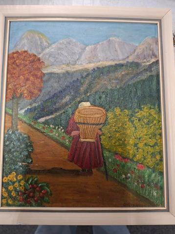 Olieverfschilderij: Vrouw met mand in berglandschap beschikbaar voor biedingen