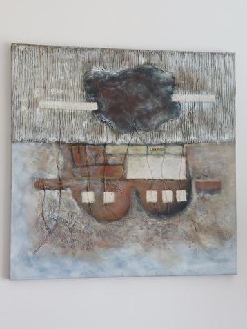 Modern schilderij, 100 x 100 cm, bruin, blauw, beige, grijs beschikbaar voor biedingen