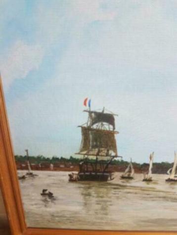 Schilderij oud galjoen havengezicht R. Kras beschikbaar voor biedingen