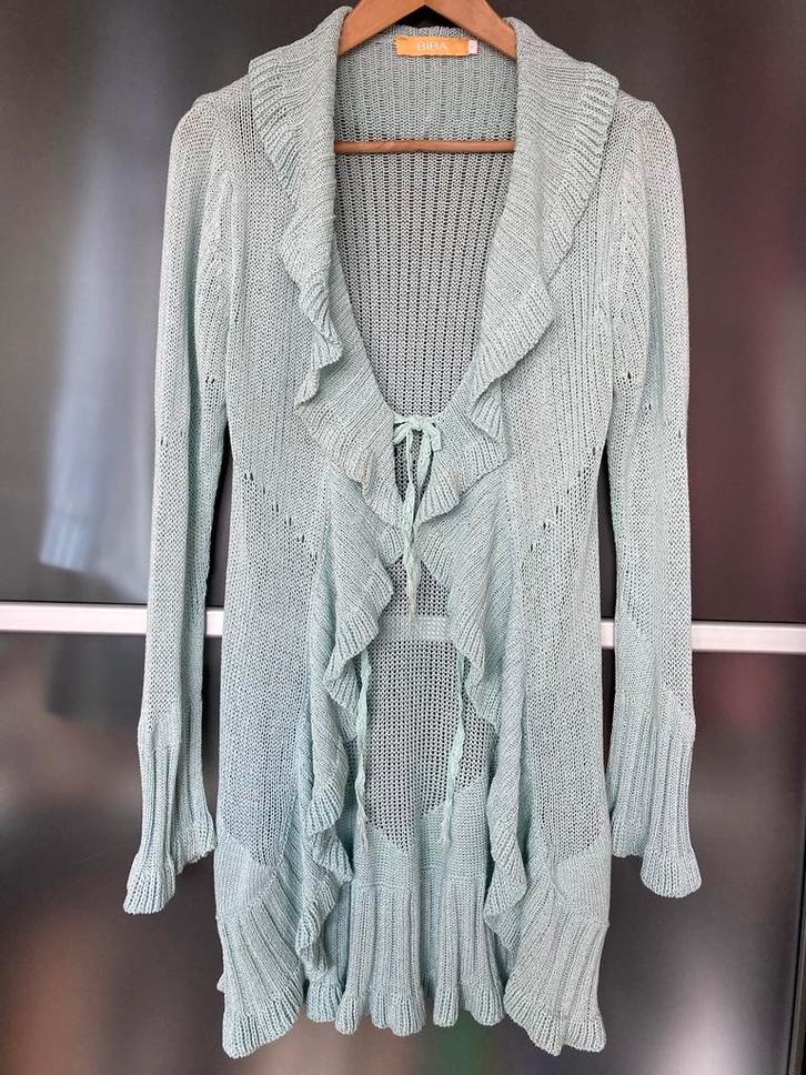 Long Knit Cardigan in Mint Colour with Ruffle Trim, Kleding | Dames, Blouses en Tunieken, Zo goed als nieuw, Groen, Verzenden