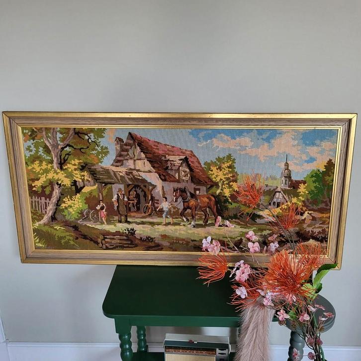 Groot Borduur Schilderij - Middeleeuws Tafereel, Antiek en Kunst, Antiek | Kleden en Textiel, Ophalen of Verzenden