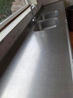 Roestvrij stalen aanrechtblad met dubbele spoelbak, Huis en Inrichting, Ophalen, Gebruikt, 200 cm of meer, Minder dan 100 cm