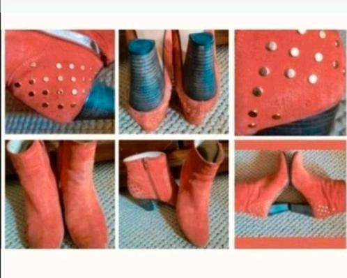 Oranje suède enkel laarsjes met hiel studs 38, Kleding | Dames, Schoenen, Zo goed als nieuw, Lage of Enkellaarzen, Oranje, Verzenden