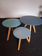 3 Blauw/groene bijzettafeltjes set, Huis en Inrichting, Tafels | Salontafels, Ophalen, 50 tot 100 cm, Rond, 50 tot 100 cm
