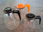 3 retro glazen theekannen, met kunststof oor en deksel, Ophalen, Overige typen, Overige stijlen, Glas