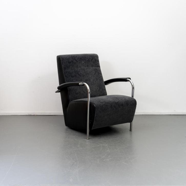 2x Leolux Scylla Fauteuil Hoog Zwart Stof - Chroom, Huis en Inrichting, Fauteuils, Zo goed als nieuw, Leer, Metaal, Stof, 50 tot 75 cm