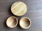 Set van teak houten plateau en 2  bakjes,  schalen NIEUW, Ophalen of Verzenden, Nieuw, Rond, Hout