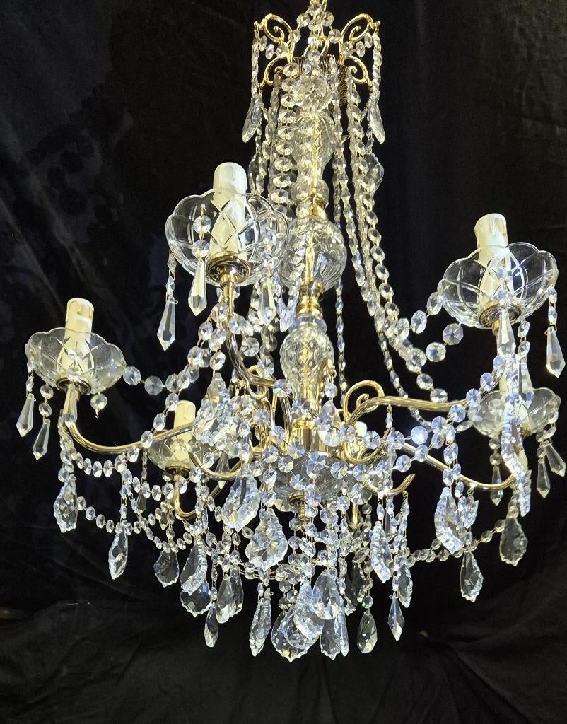 Kroonluchter Swarovski kristal 6 armen met bladgoud, Ophalen, Zo goed als nieuw, Glas, Klassiek