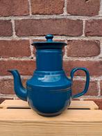 Zeldzaam emaille Petrol blauw theepotje met filter en bies., Antiek en Kunst, Ophalen of Verzenden