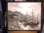Schilderij havengezicht met vissersboten – gesigneerd, Antiek en Kunst, Ophalen of Verzenden