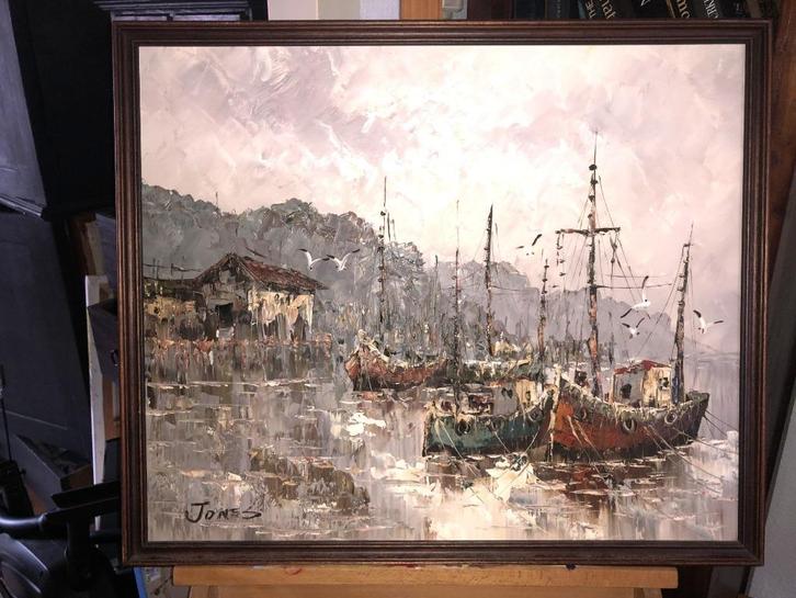 Schilderij havengezicht met vissersboten – gesigneerd, Antiek en Kunst, Kunst | Schilderijen | Klassiek, Ophalen of Verzenden