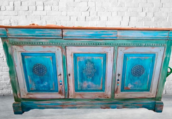 Stoer dressoir buffetkast vintage India Ibiza stijl turquois, Huis en Inrichting, Kasten | Dressoirs, Zo goed als nieuw, 150 tot 200 cm