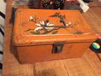 Vintage Oranje Metalen Opbergdoos met Bloemen, Ophalen of Verzenden, Gebruikt