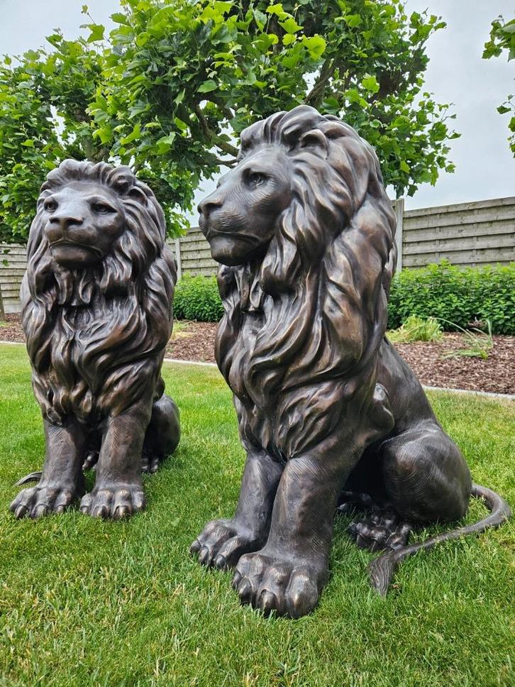 BRONZEN KOPPEL ZITTENDE LEEUWEN MOOOI MODEL! LAGE VERKOOP!, Tuin en Terras, Tuinbeelden, Nieuw, Dierenbeeld, Overige materialen